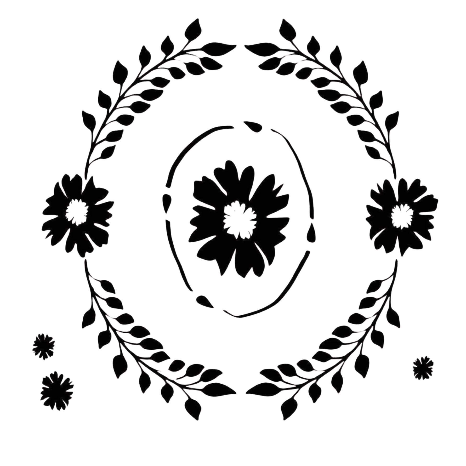 Decorative design with black flowers and leaves on a white background