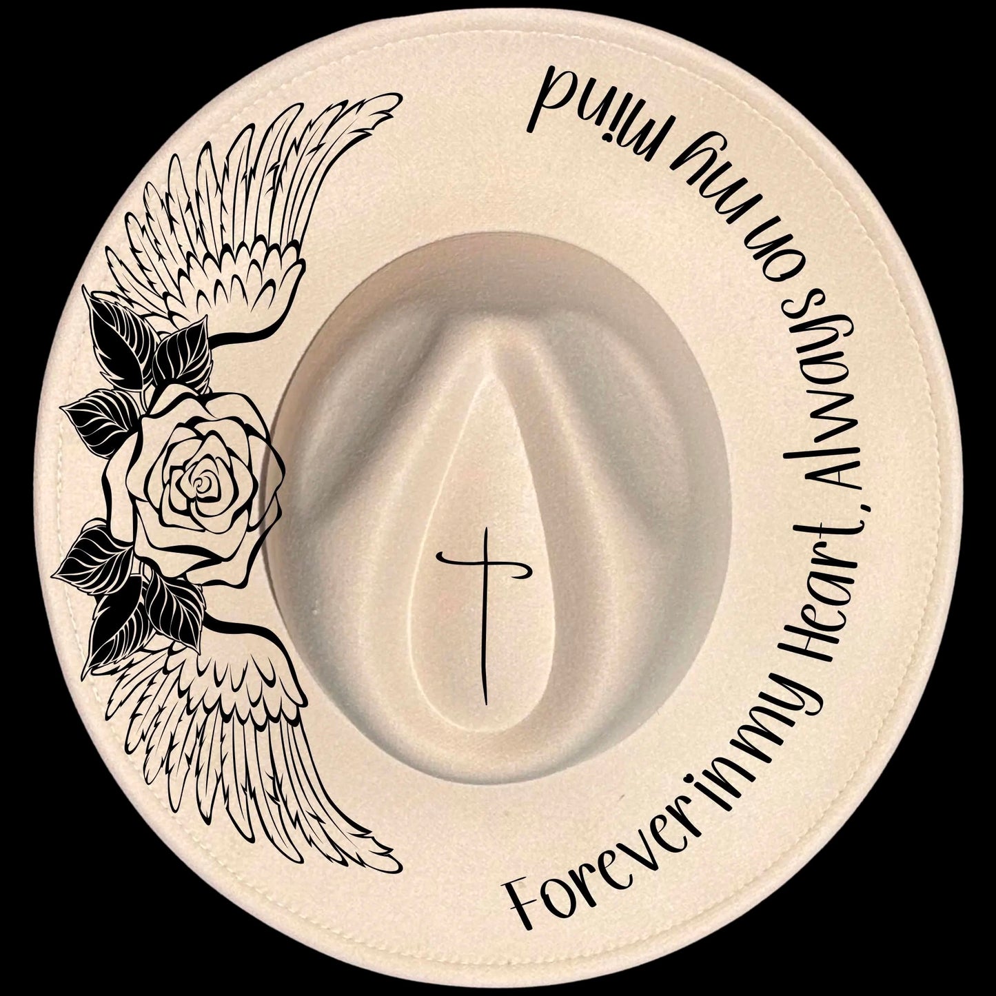 Forever In My Heart burned hat burning design on a wide brim hat.