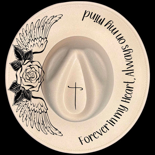 Forever In My Heart burned hat burning design on a wide brim hat.