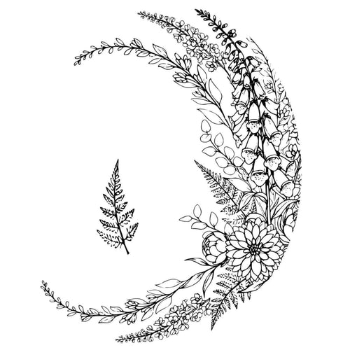 Decorative crescent shaped floral design with floral and leaf patterns on a white background