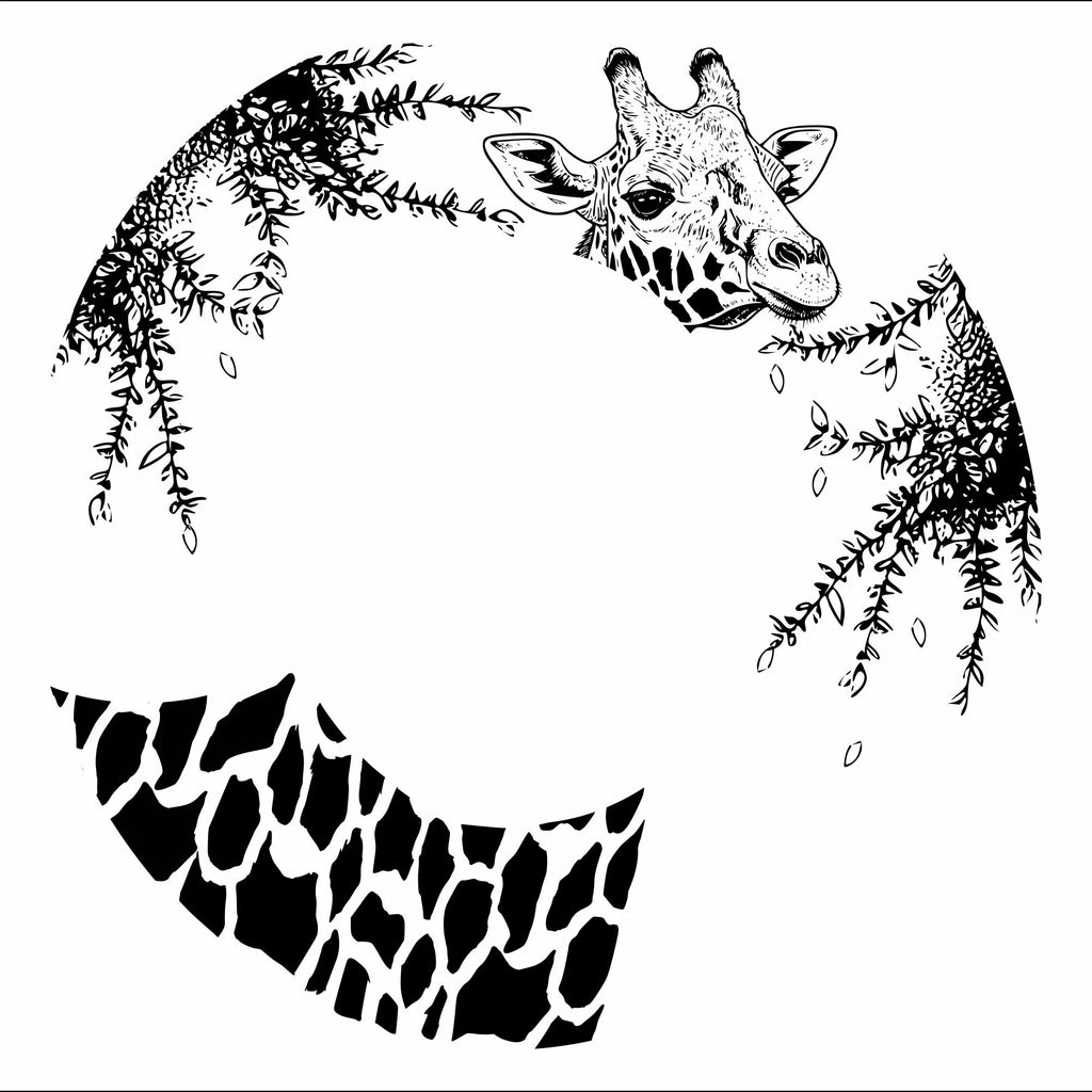 Black and white illustration of a giraffe with leaves on a white background