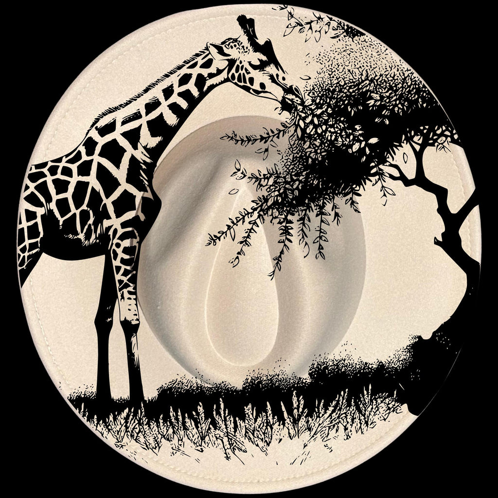 Giraffe Life burned hat burning design on a wide brim hat
