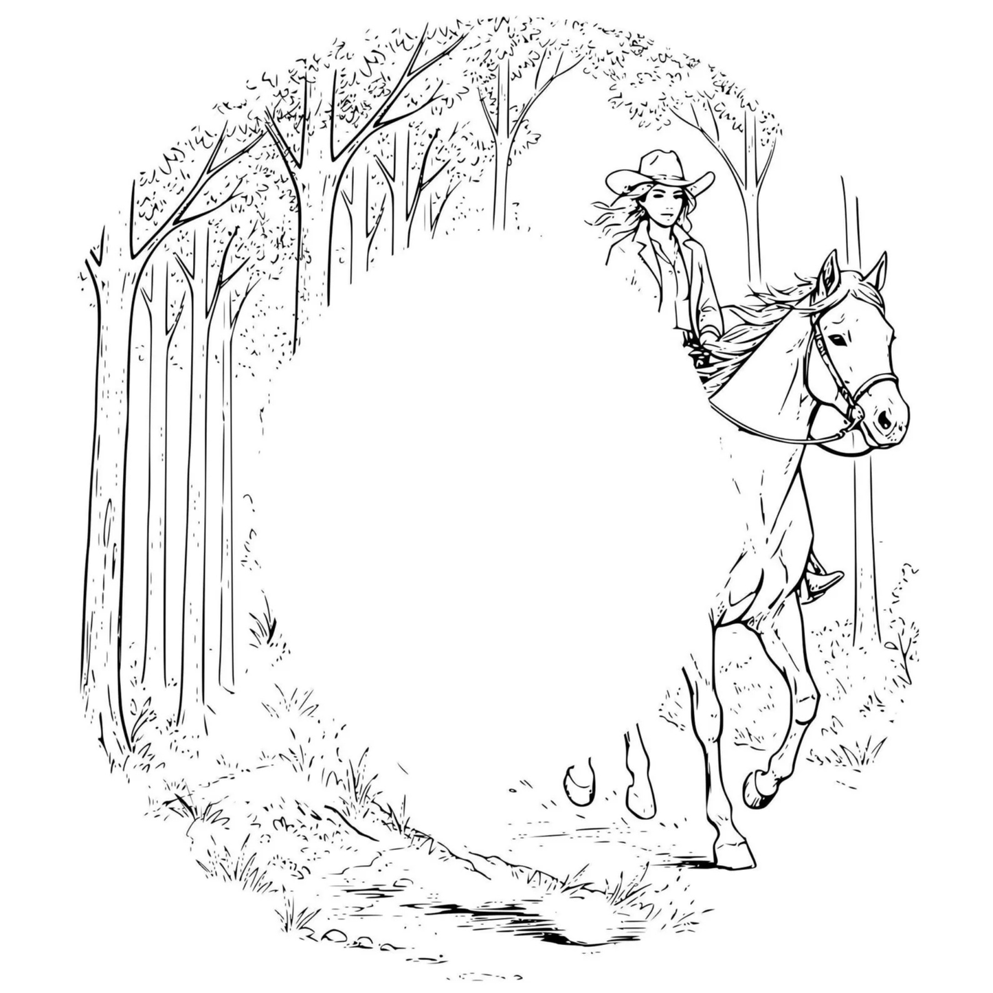 Line drawing of a girl riding a horse through a forest