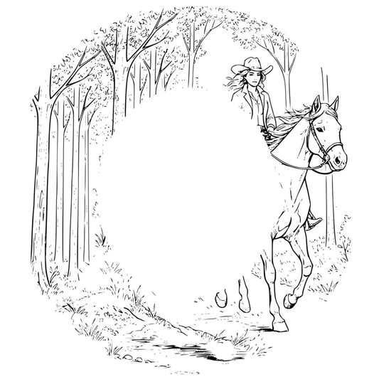 Line drawing of a girl riding a horse through a forest