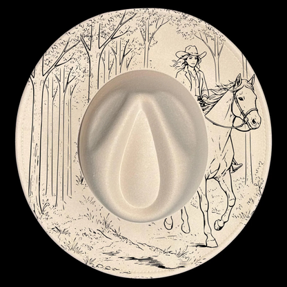 A wide brim hat with a cowgirl and horse illustration on a black background