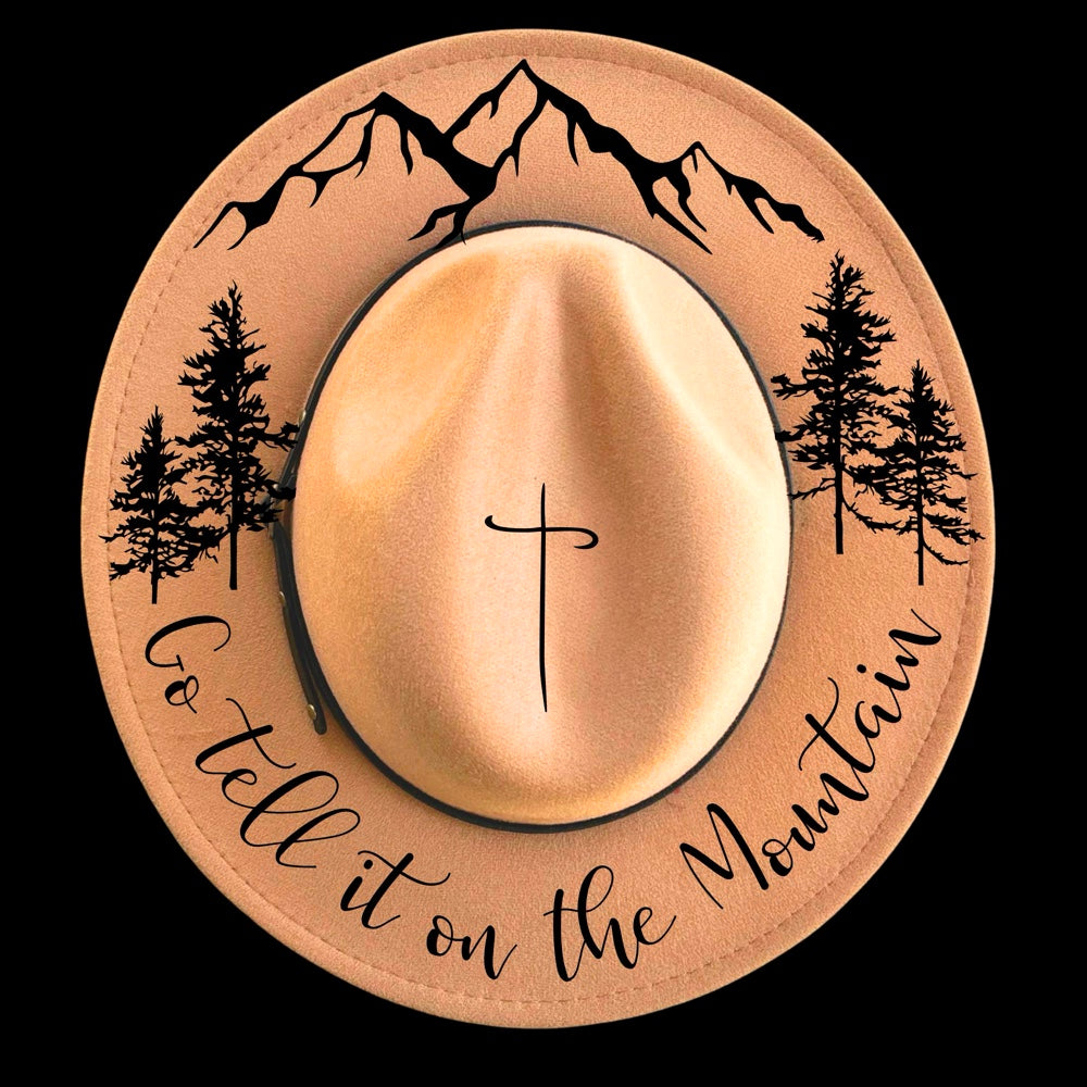 Go Tell It On The Mountain burned hat burning design on a narrow brim hat