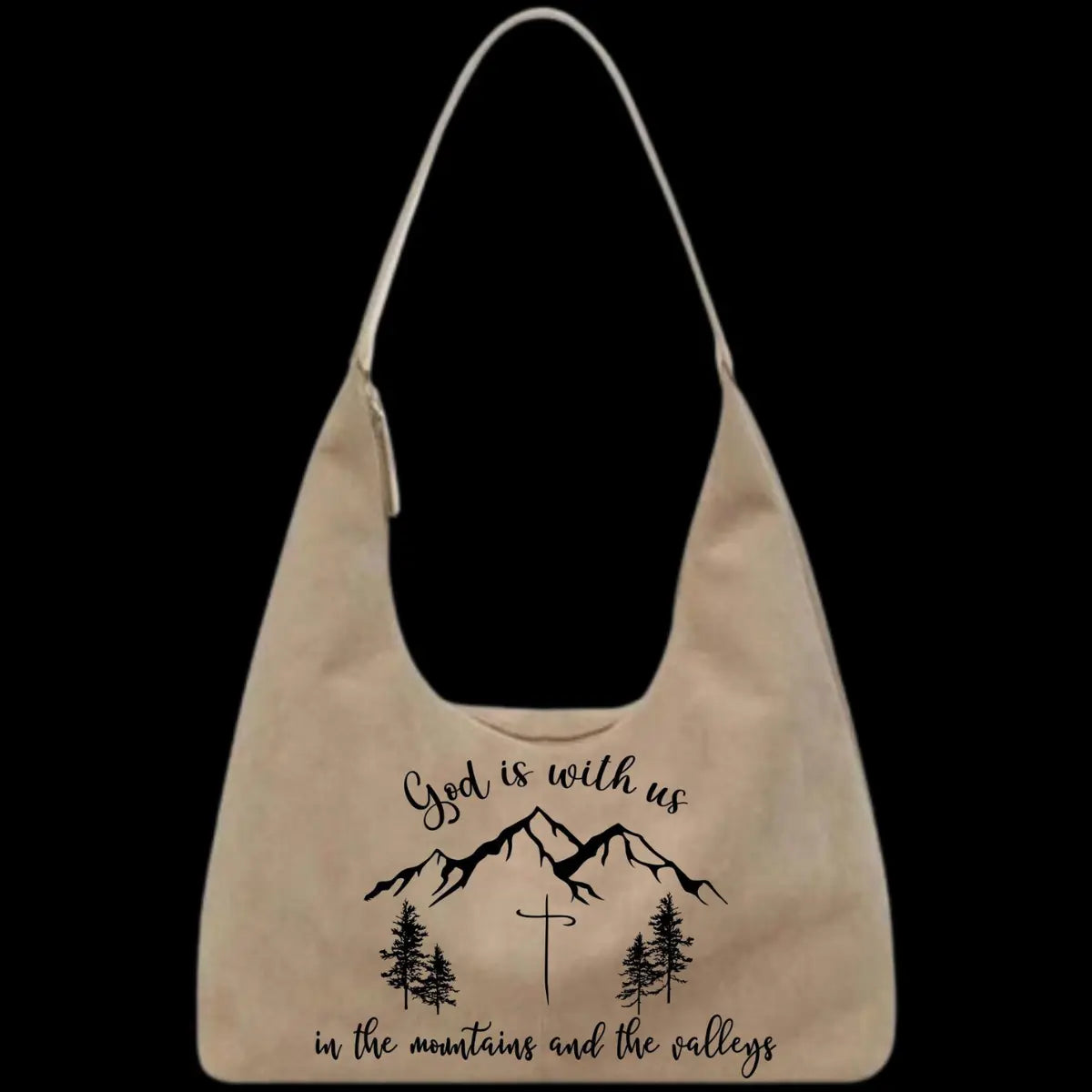 Purse with mountain and cross design and text on a black background