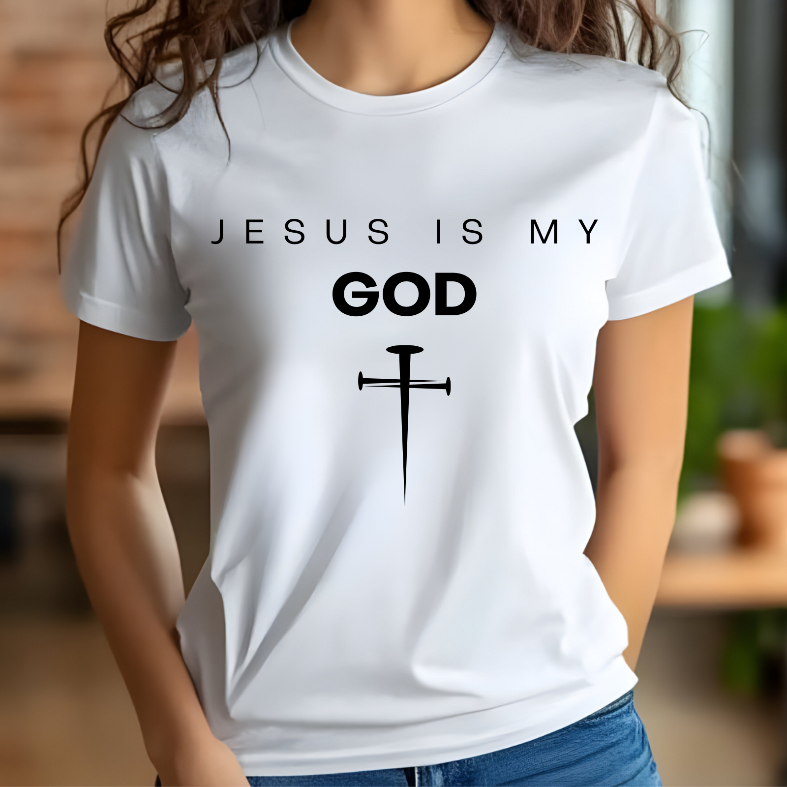 Jesus Is My God digital design on a woman’s white t-shirt.