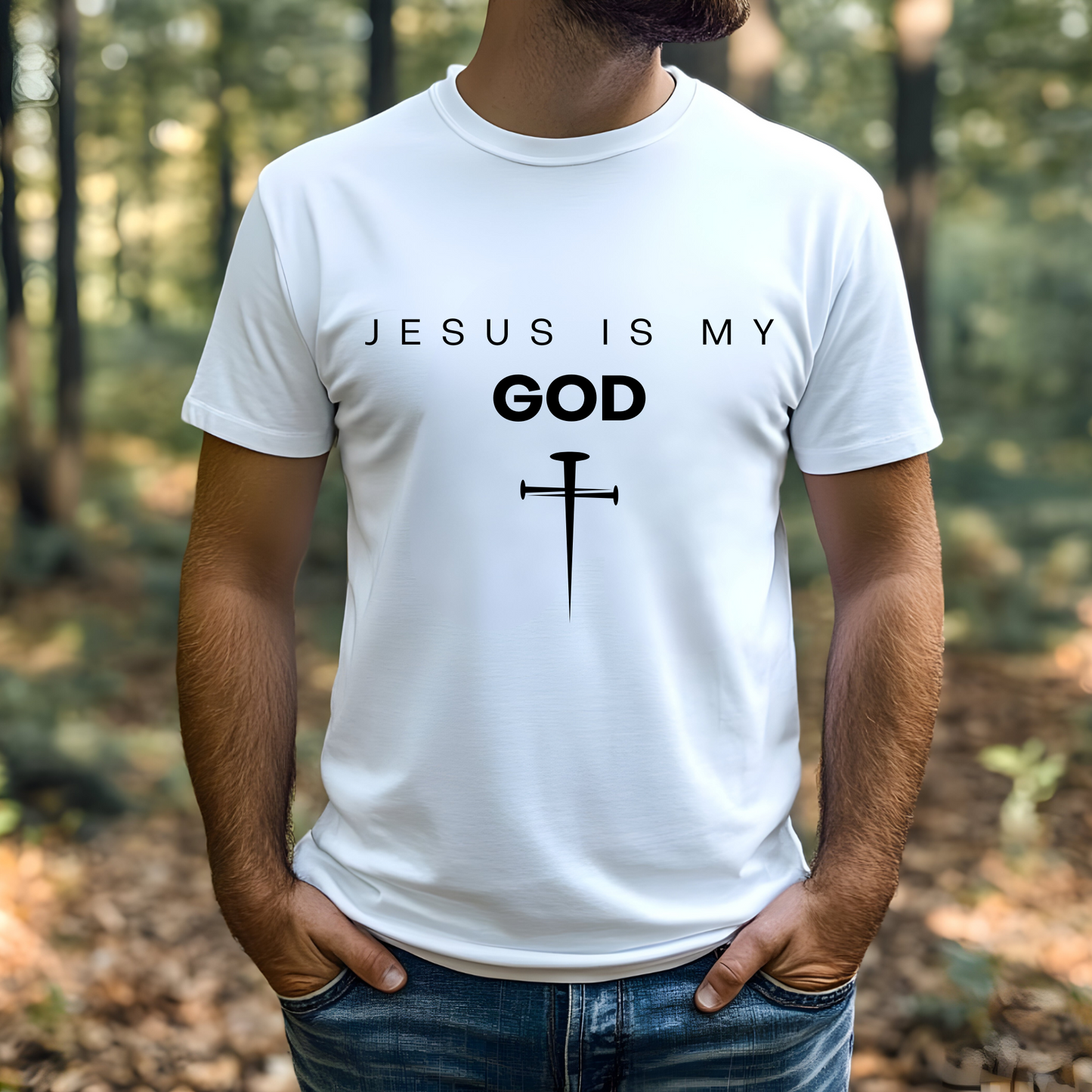 Jesus Is My God digital design on a man’s white t-shirt.