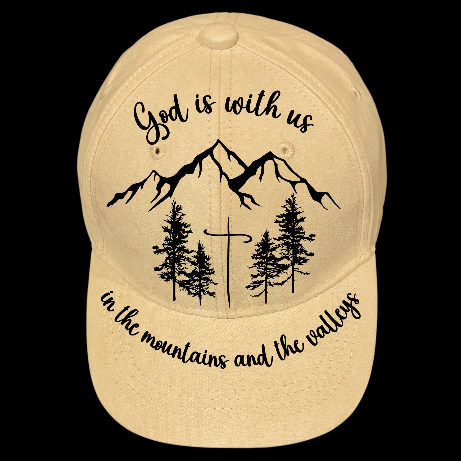 Baseball cap with mountain and tree design and text on a black background