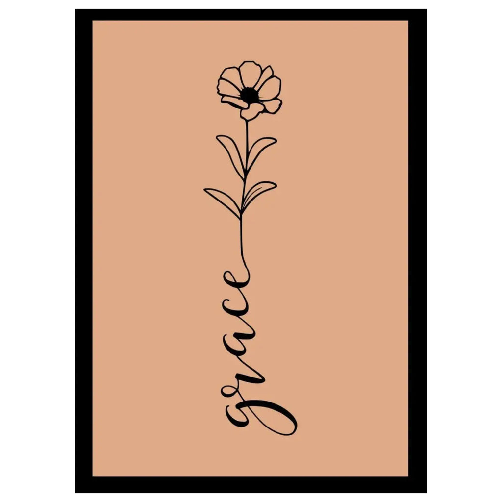 Drawing of a flower and the word 'grace' on a beige background