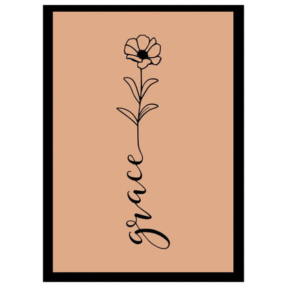 Drawing of a flower and the word 'grace' on a beige background