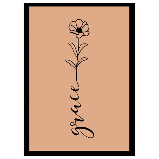 Drawing of a flower and the word 'grace' on a beige background