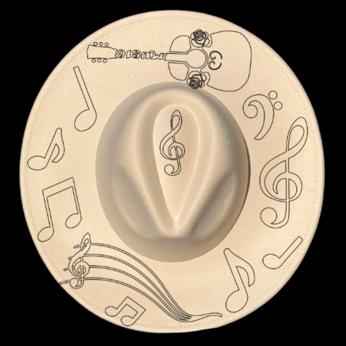 Guitar music design on a wide brim hat