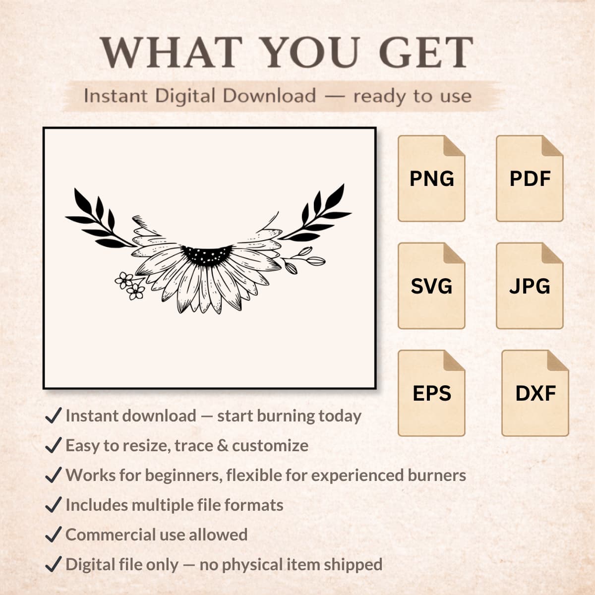 Digital download package with floral design and file format icons on a beige background
