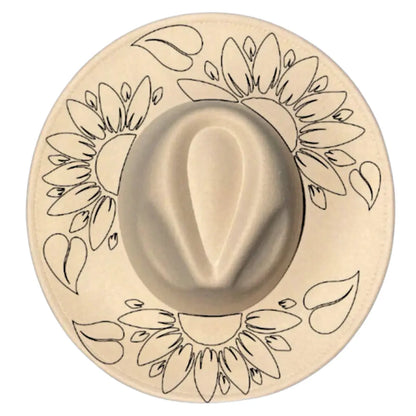 Wide brim hat with floral patterns on a white background