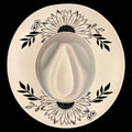 A wide brim hat with black floral and leaf patterns on a white background
