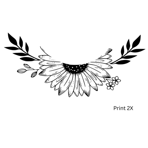 Black and white sunflower floral design with leaves on a white background
