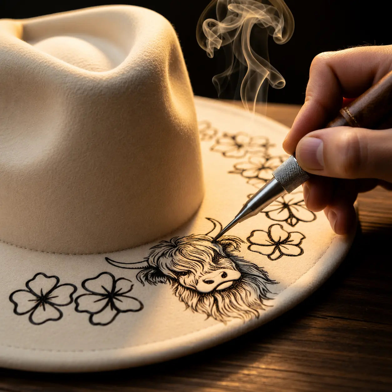Hand burning a design on a beige hat with a soldering iron.