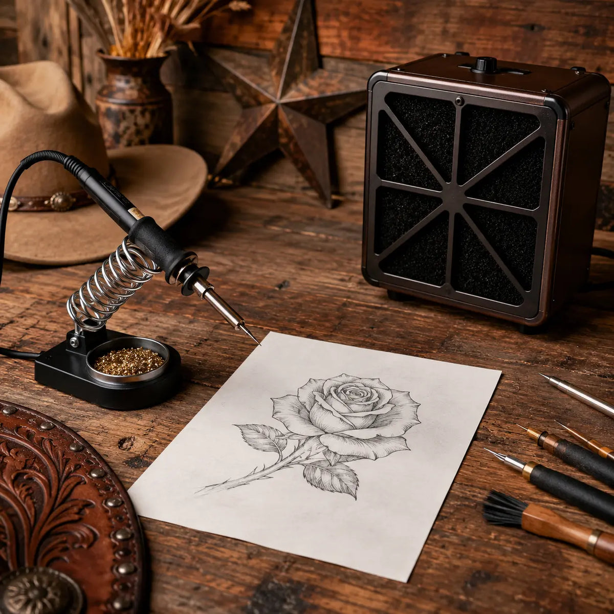 Pyrography machine and ventilator on a wooden table with a rose drawing