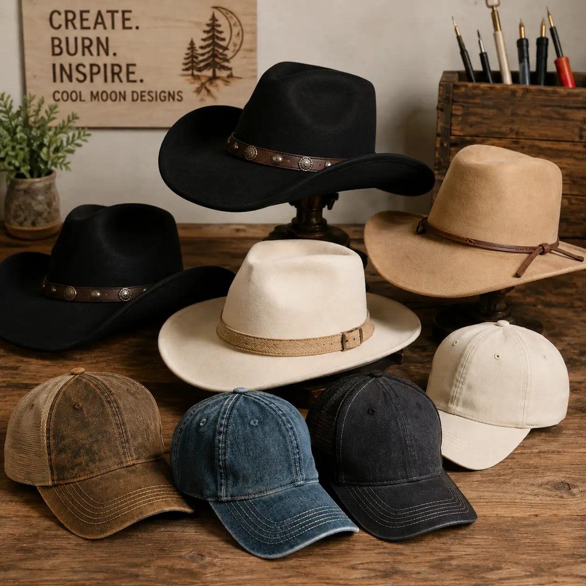 Wide-brim hats, cowgirl hats, and baseball caps for hat burning
