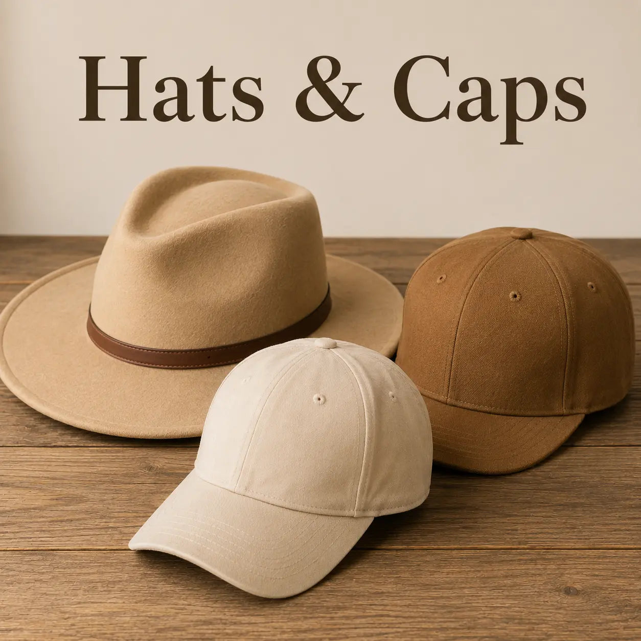 Three hats including a fedora and two caps on a wooden surface with 'Hats & Caps' text.