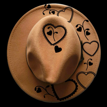 Valentines Hearts burned hat burning design on a narrow brim hat