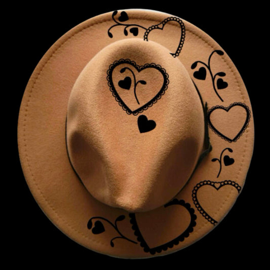 Valentines Hearts burned hat burning design on a narrow brim hat