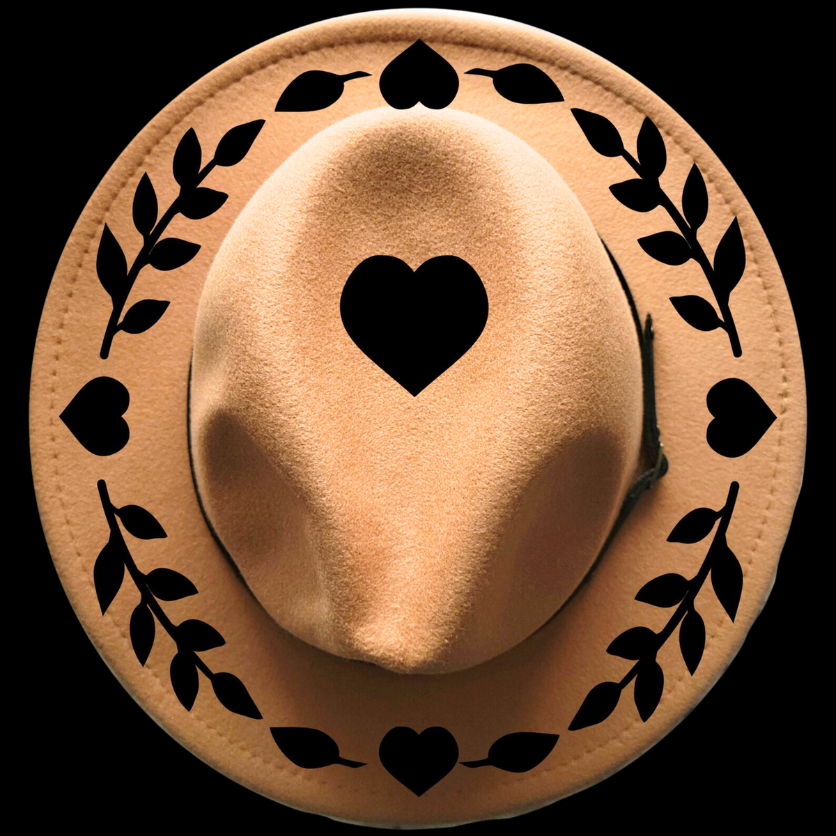 Narrow brim hat with black hearts and vines design on a black background