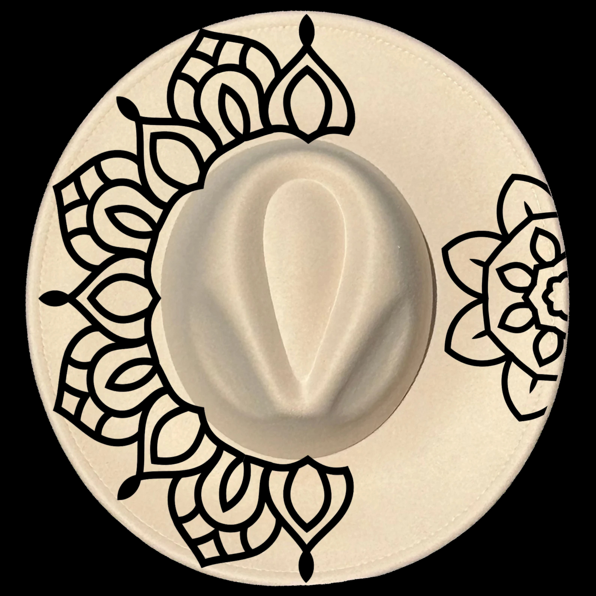 Wide brim hat with black mandala patterns on a black background