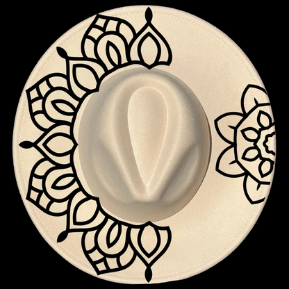 Wide brim hat with black mandala patterns on a black background