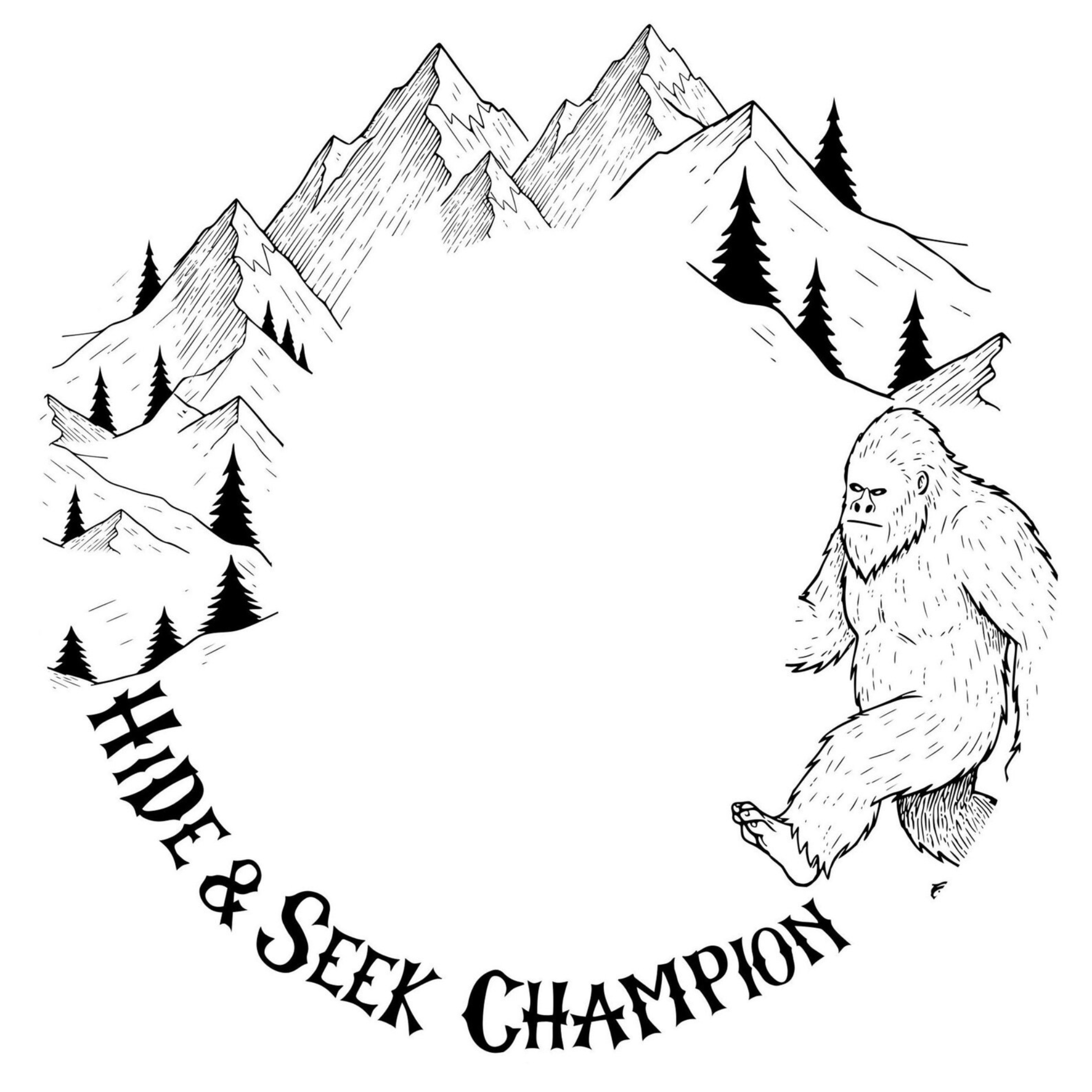 Illustration of a mountain landscape with trees and a Bigfoot-like creature, accompanied by the text 'Hide & Seek Champion'.