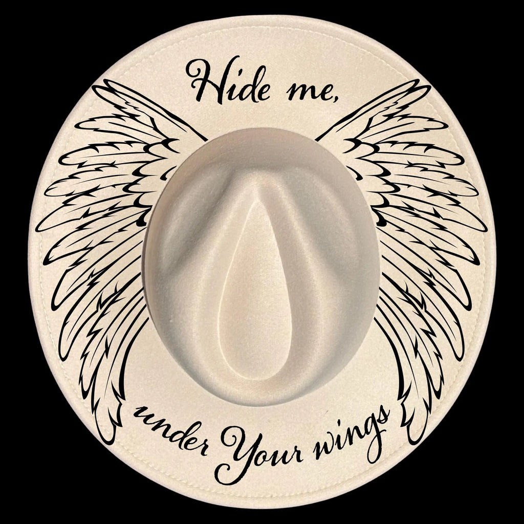 Wide brim hat burning design with wings, featuring the text 'Hide me under Your wings' on a black background.