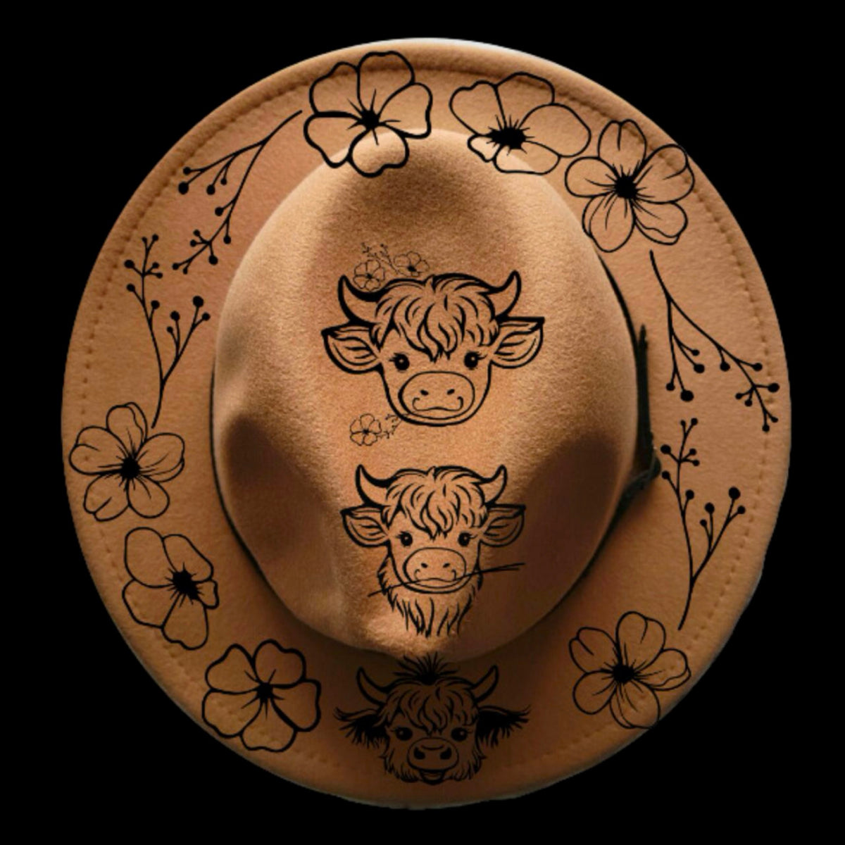 Highland cow and flowers design on a narrow brim hat