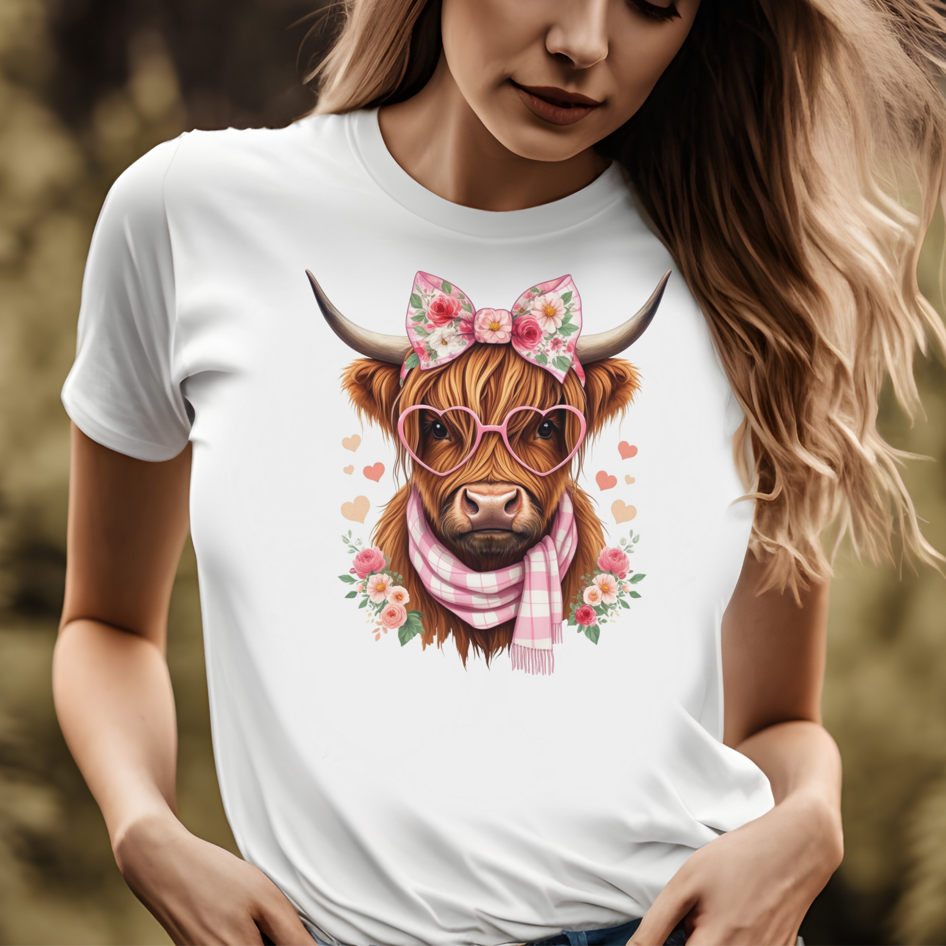 Highland Cow Pink digital design on a white t-shirt