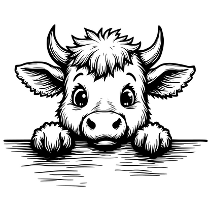 Black and white illustration of a cute cow peeking over a surface