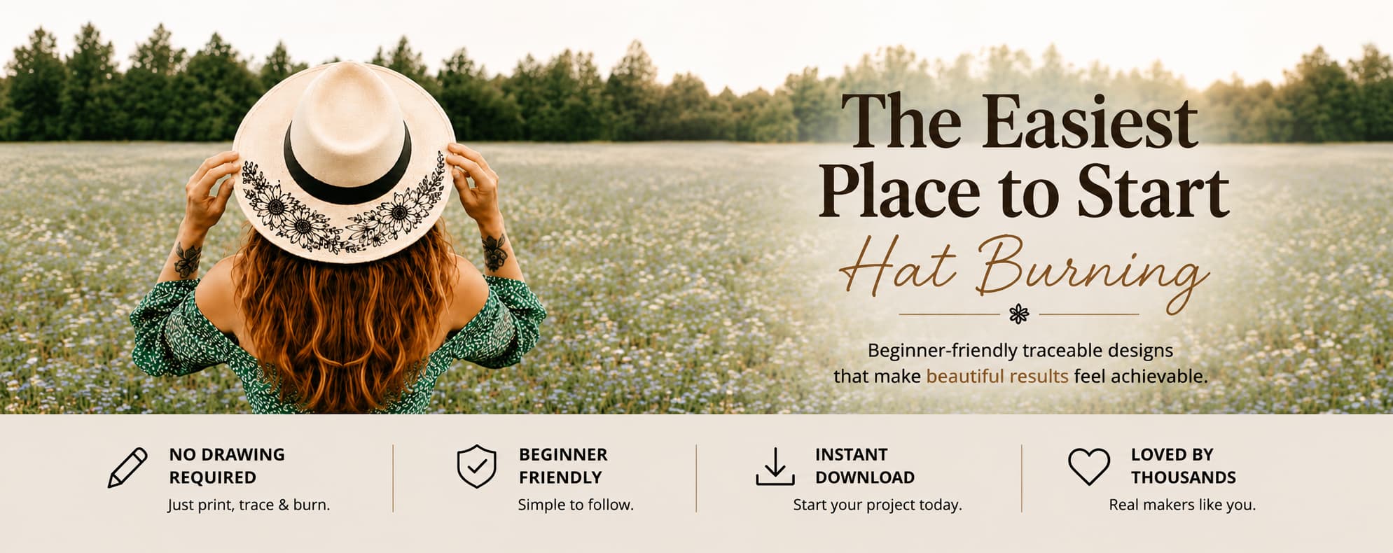 Woman in a hat standing in a field with promotional text about hat burning