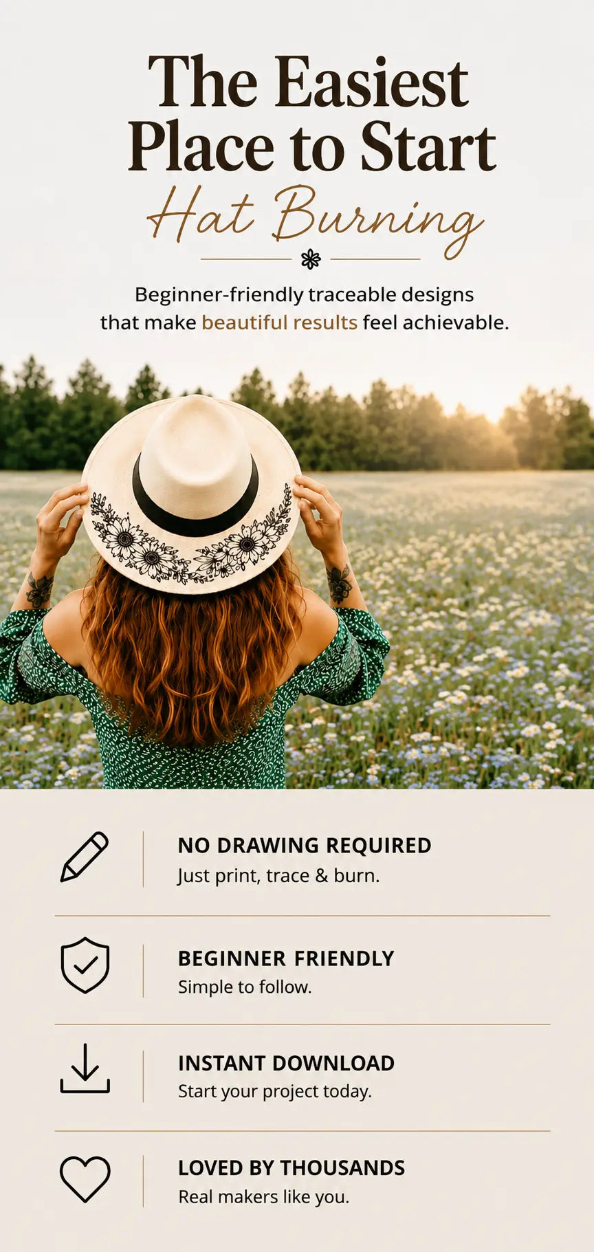 Woman wearing a hat with floral decorations in a field, promoting a product or service related to hat burning.