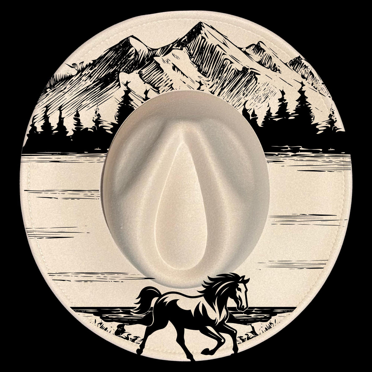 Horse and mountains design on a wide brim hat.