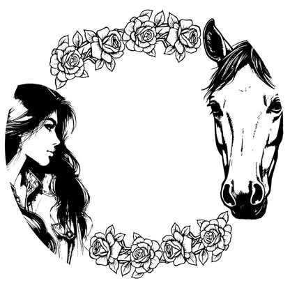 Black and white hat burning design of a woman and horse with floral wreaths on a white background