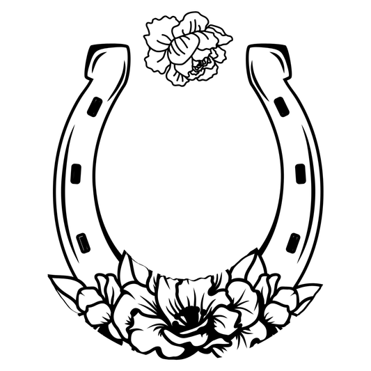 Black and white horseshoe with floral peonies design on a white background