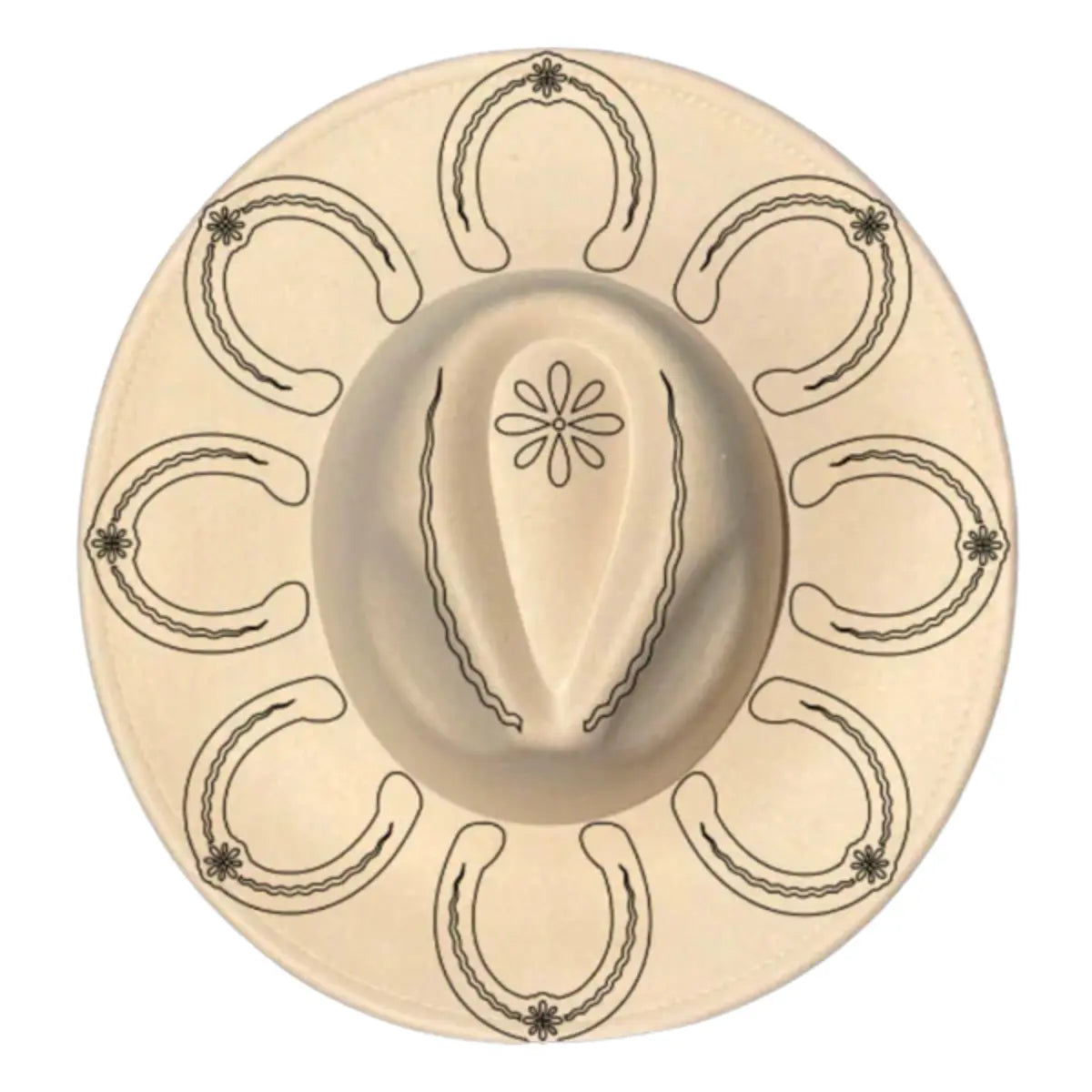 Beige cowboy hat with horseshoe pattern on a beige background