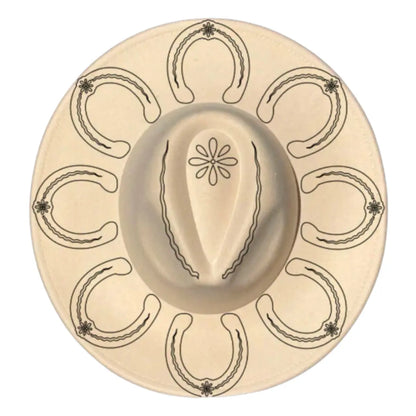 Beige cowboy hat with horseshoe pattern on a beige background