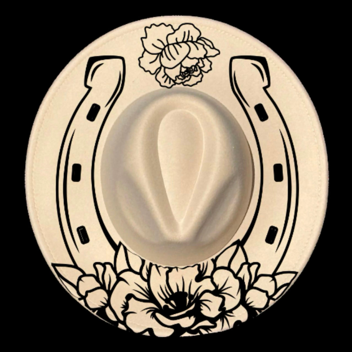 Horseshoes and peonies design on a wide brim hat