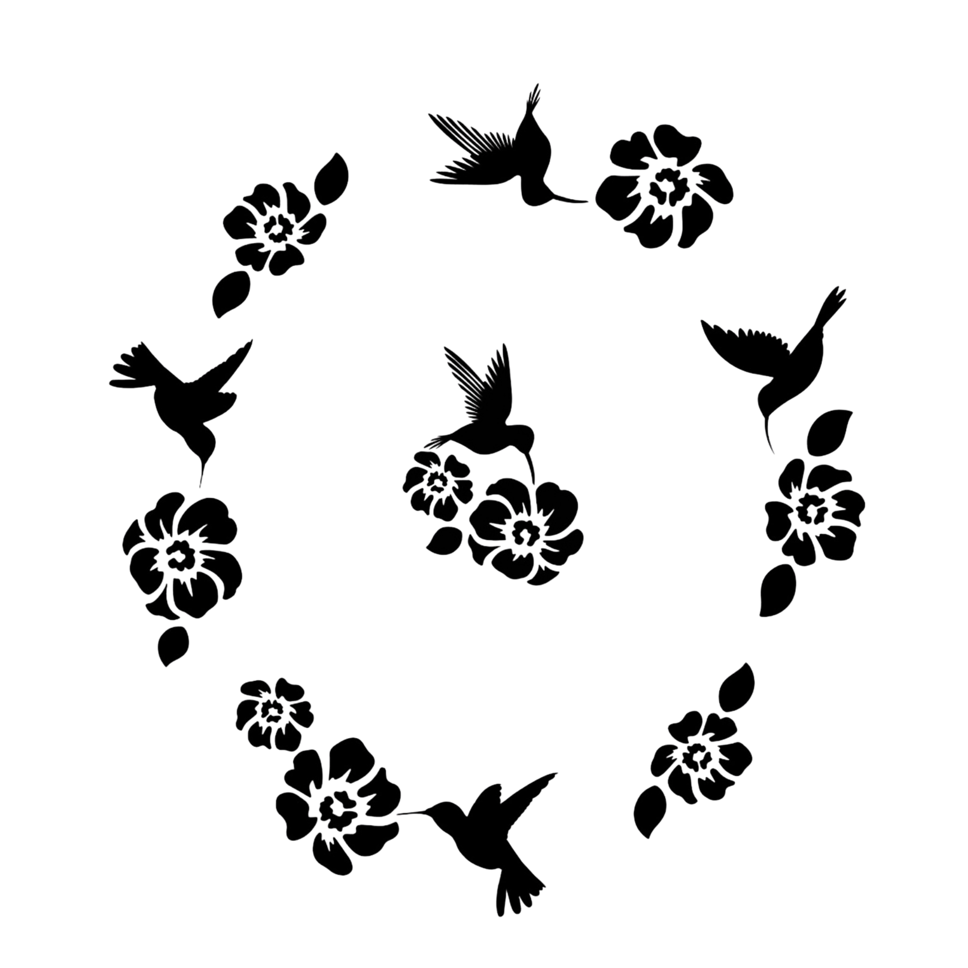 Black silhouette of hummingbirds and flowers arranged in a circular pattern on a white background