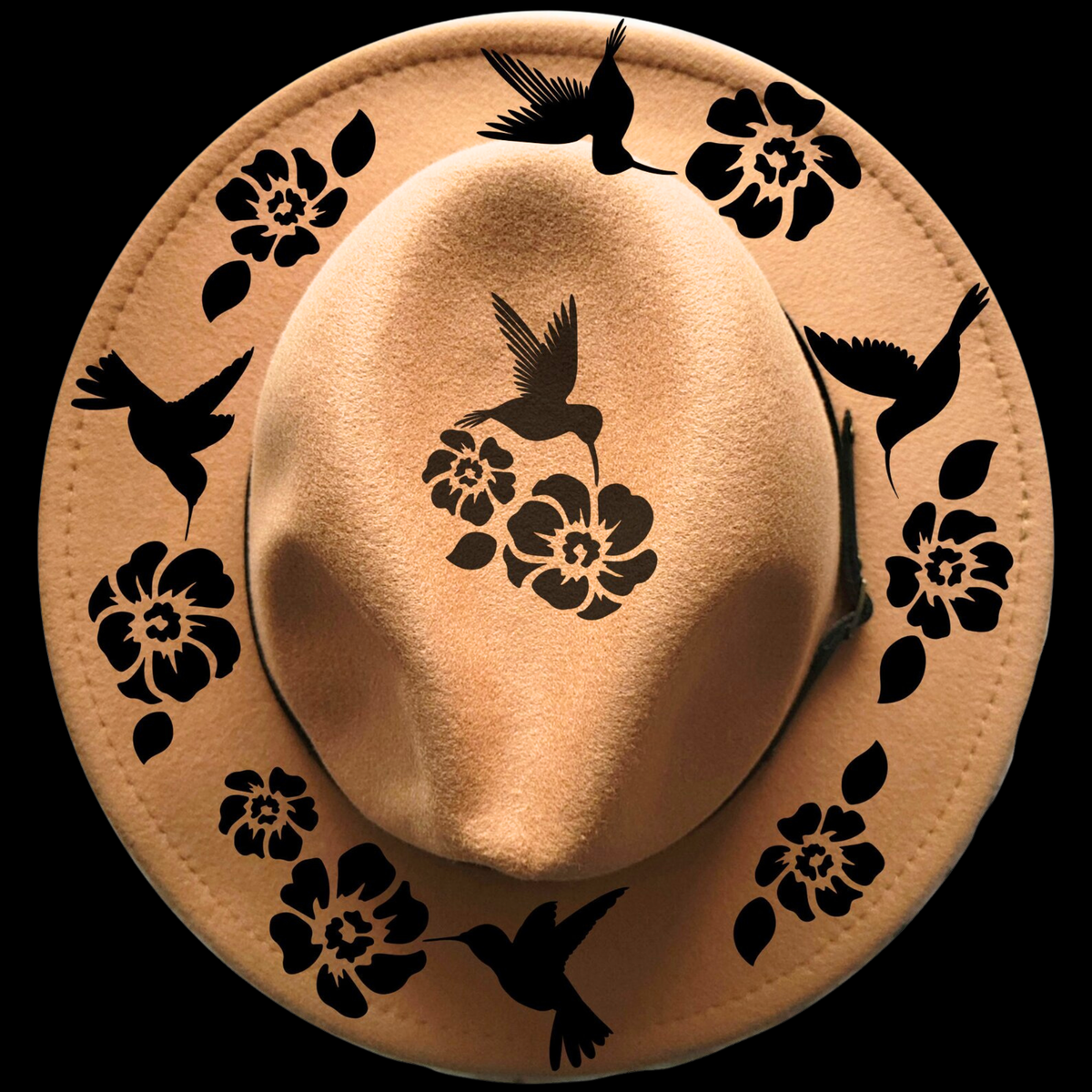 Narrow brim hat with black floral and hummingbird designs on a black background