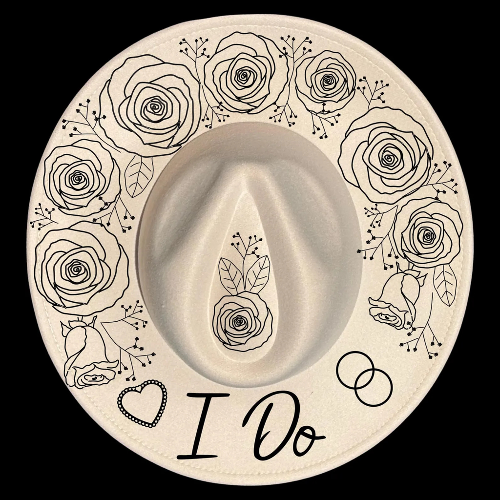 Wide brim hat with black floral designs and 'I Do' text on a black background