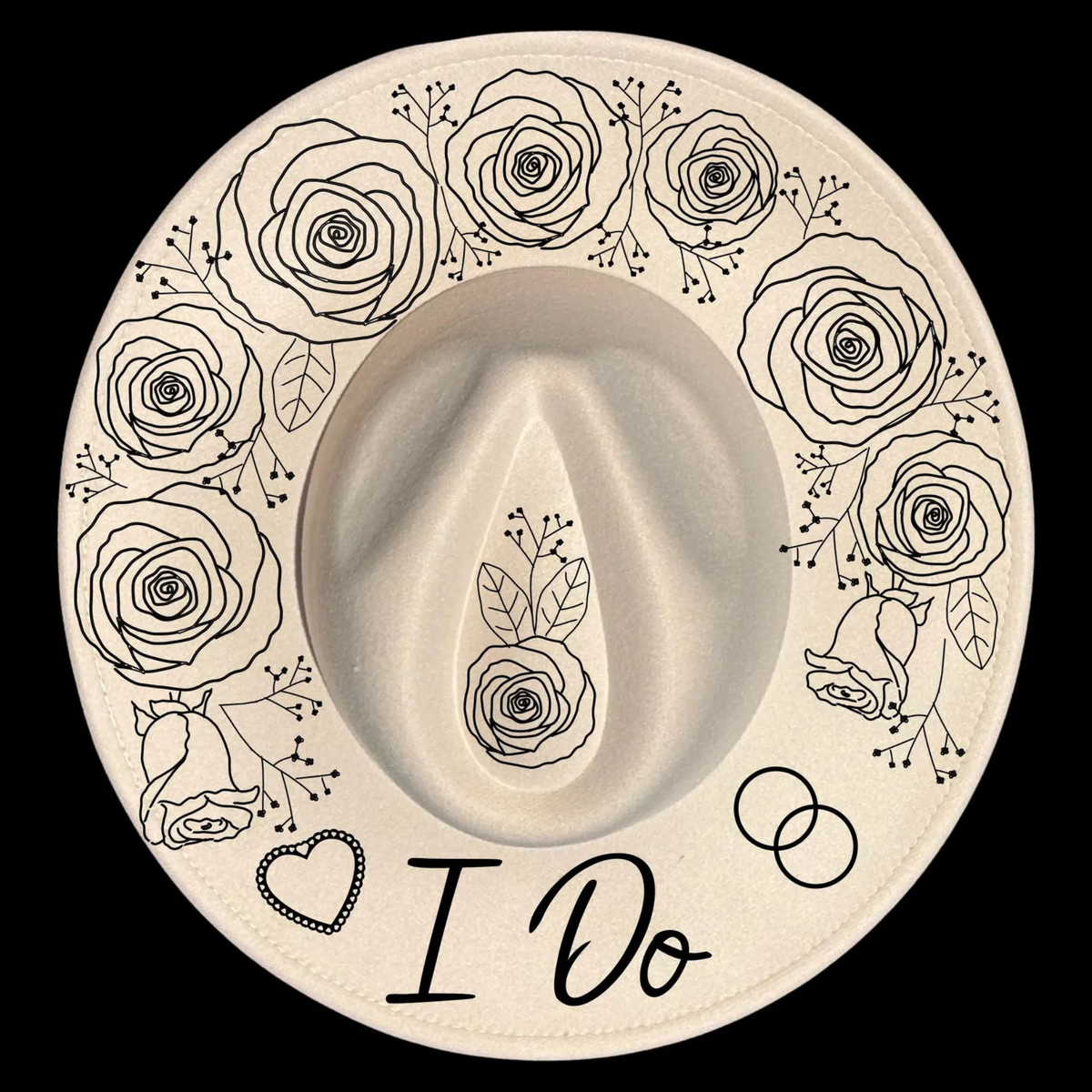 Wide brim hat with black floral designs and 'I Do' text on a black background