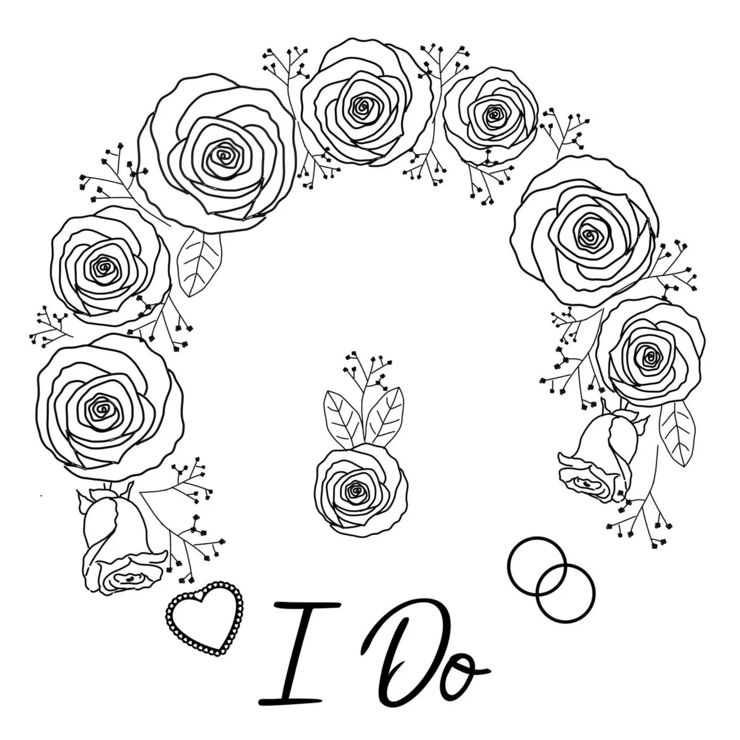 Decorative hat burning design with roses, 'I Do' text, and interlocking roses on a white background