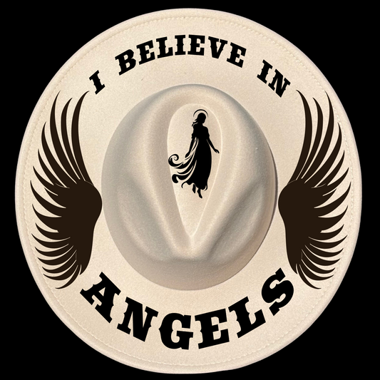 I Believe In Angels design on a wide brim hat